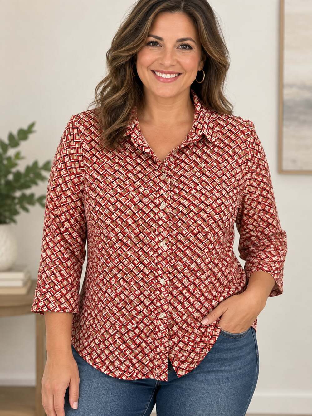 Stem & Vine Geo Print Button-Down Shirt Size L Red Multi